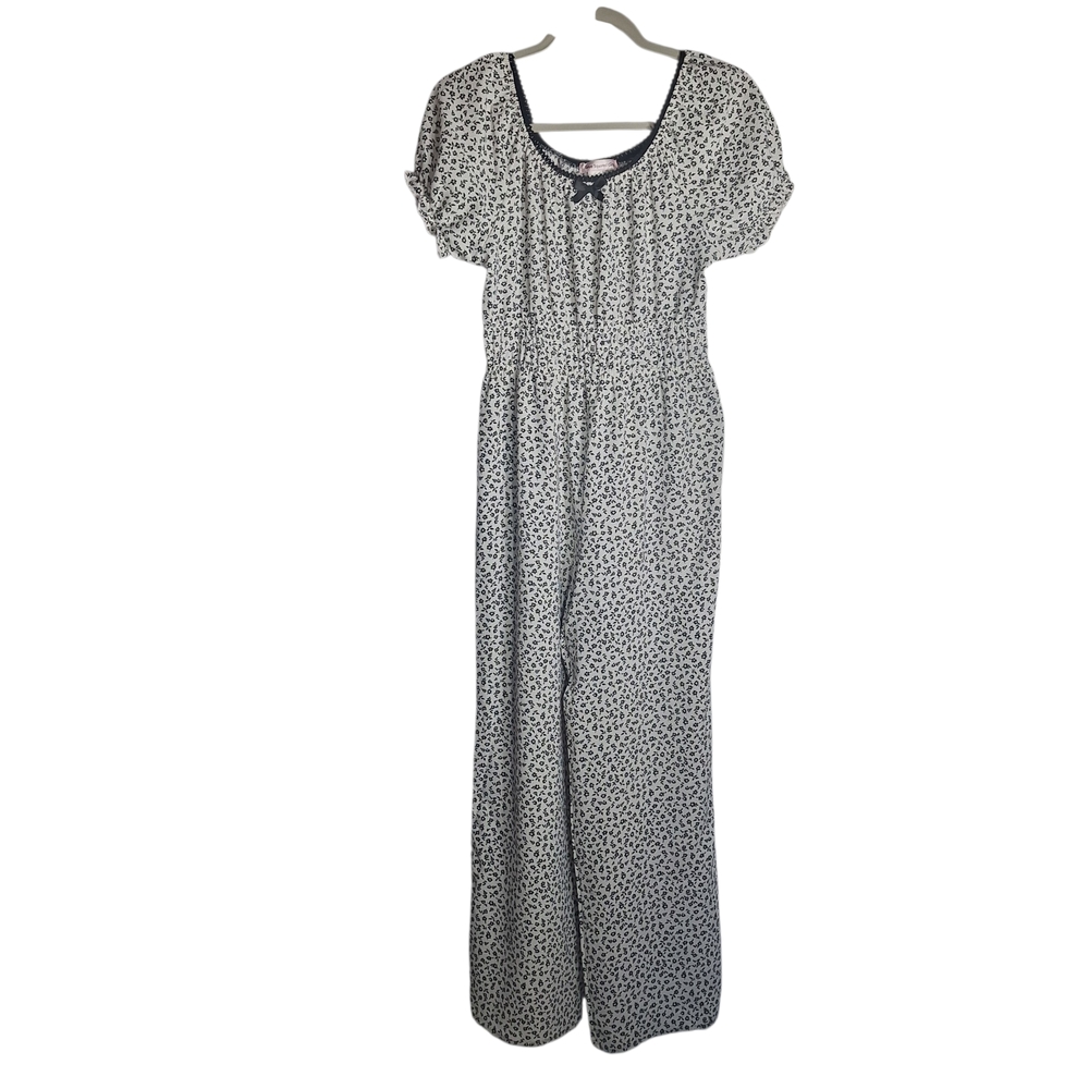 Floral Cottagecore Jumpsuit Short Puff Sleeve Wide Leg Smocked Size 16 Womens